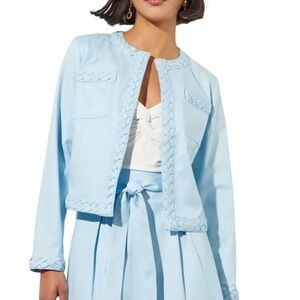 Ming Wang Womens Light Blue Braided Trim Open Front Jacket Size L Professional